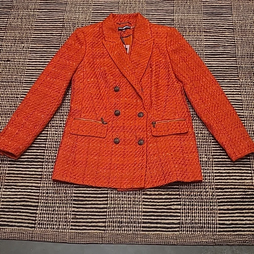 NWT KARL LAGERFELD PARIS ORANGE TWEED DOUBLE BREASTED BLAZER - Picture 4 of 14